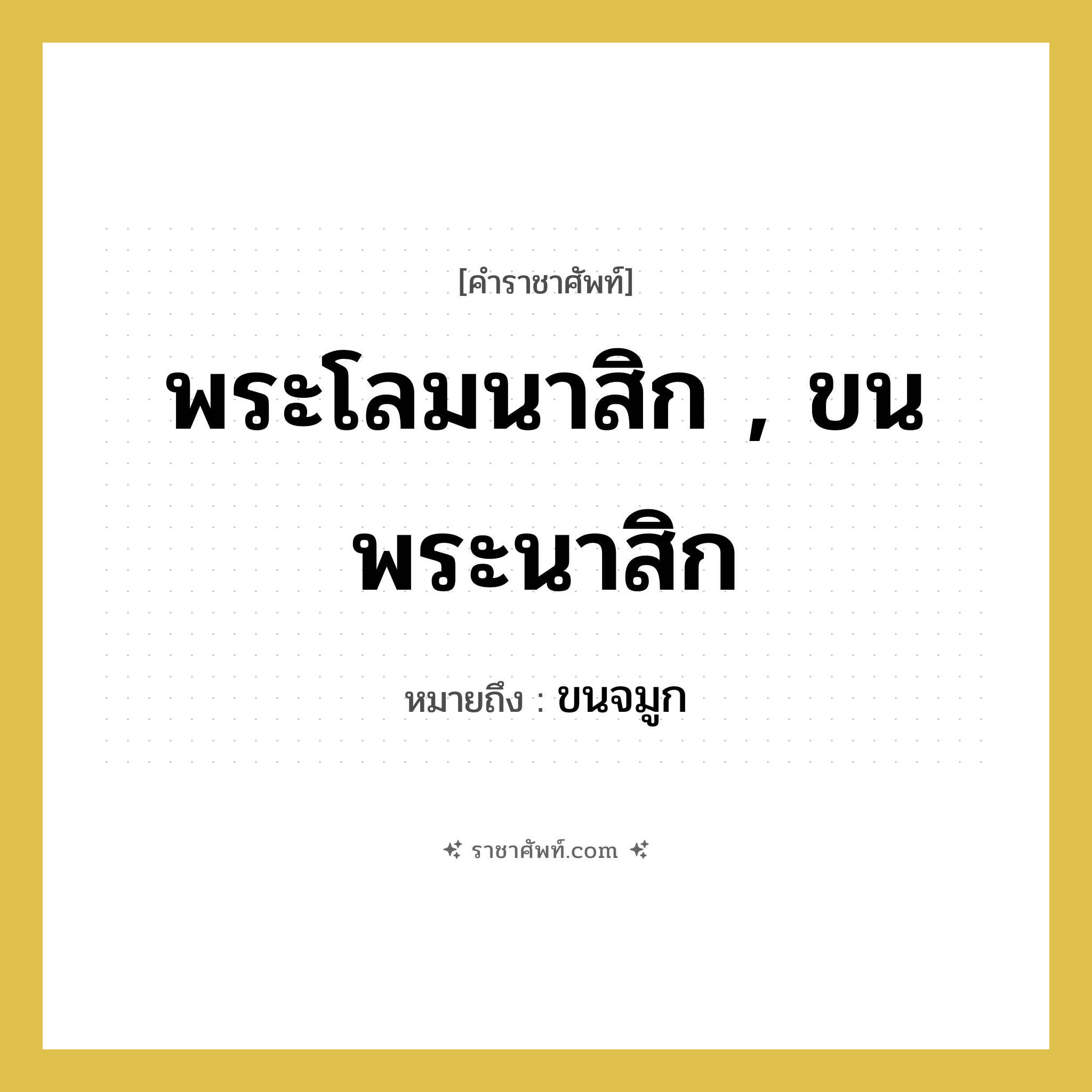 พระโลมนาสิก , ขนพระนาสิก หมายถึงอะไร?, คำราชาศัพท์ พระโลมนาสิก , ขนพระนาสิก หมายถึง ขนจมูก หมวดหมู่ ร่างกาย หมวด ร่างกาย
